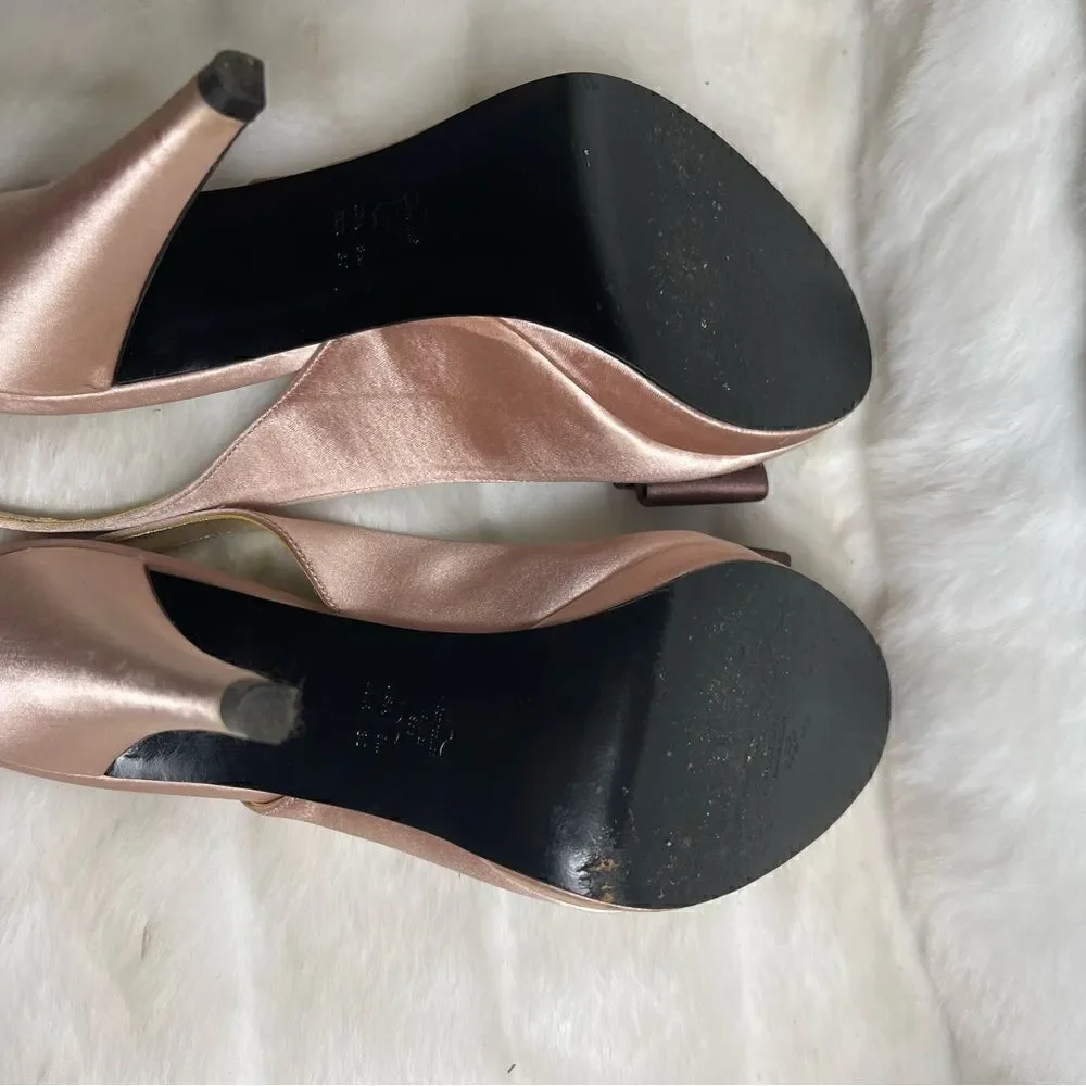 Nina Blush pink satin back strap sandals with brown satin front bow peep toe SZ8